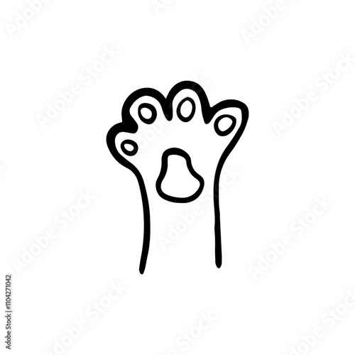 Freehand-drawn cat's paw. Sketch style Illustration of Pets, cats. For Pet shops, logo, postcards. Funny Crooked doodle vector icon.