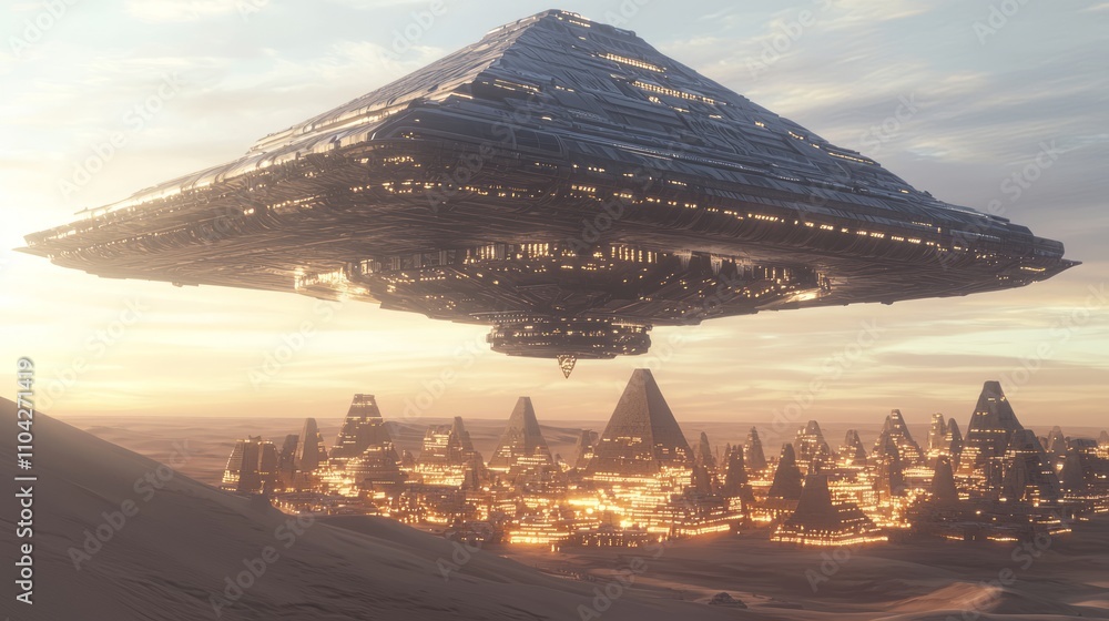 Obraz premium Techno-Pharaoh's Arrival: Futuristic Pyramid Spaceship in Glowing Egyptian Cityscape | Ultra-Detailed Sci-Fi Artwork Combining Ancient Mystique and Modern Technology