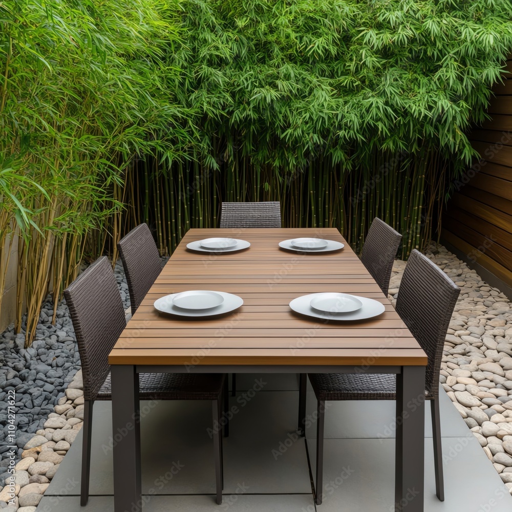 Fototapeta premium Tranquil outdoor dining area surrounded by bamboo plants and natural stones