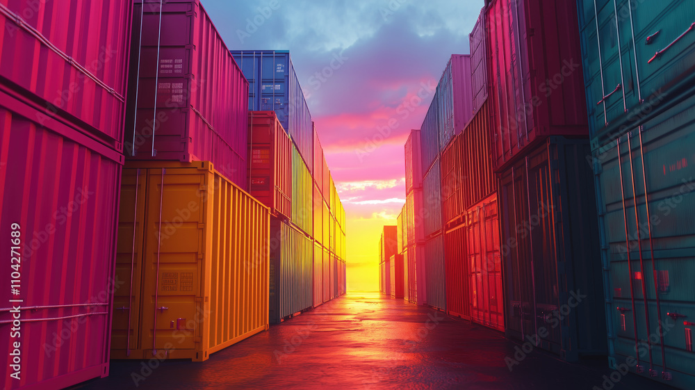 Fototapeta premium Colorful shipping containers at sunset. Generative AI image
