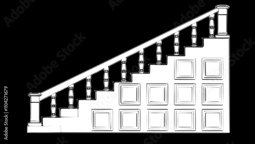 a drawing of a staircase with a banister and a handrail, stairs, stairway, railing, large staircase, staircase, isometric staircase, heavy outlines, height realistic details, detail structure