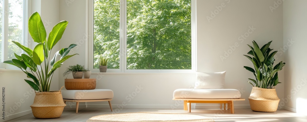 Tranquil Zen sunroom with natural lighting, simple furniture, and potted plants Tranquil Zen sunroom with natural lighting, simple furniture, and potted plants