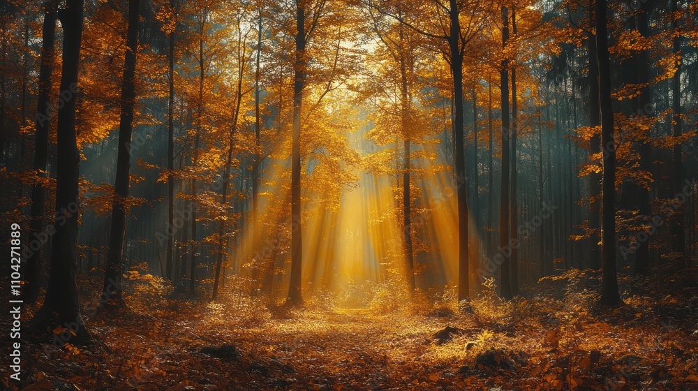 Fototapeta premium Sunbeams illuminate autumn forest path.
