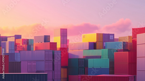 Colorful shipping containers at sunset. Generative AI image