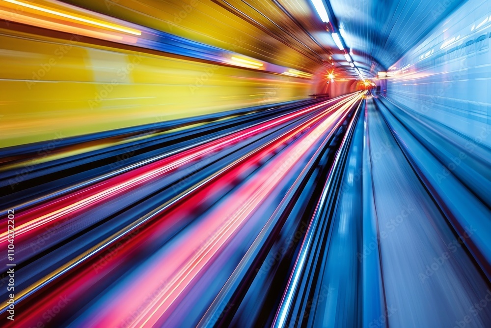 Motion blur captures the dynamic energy of a speeding train in a colorful tunnel Motion blur captures the dynamic energy of a speeding train in a colorful tunnel