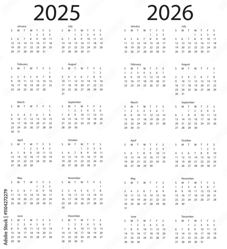 Calendar 2025, 2026 year. The week starts on Sunday. Calendar 2025, 2026 year. The week starts on Sunday.