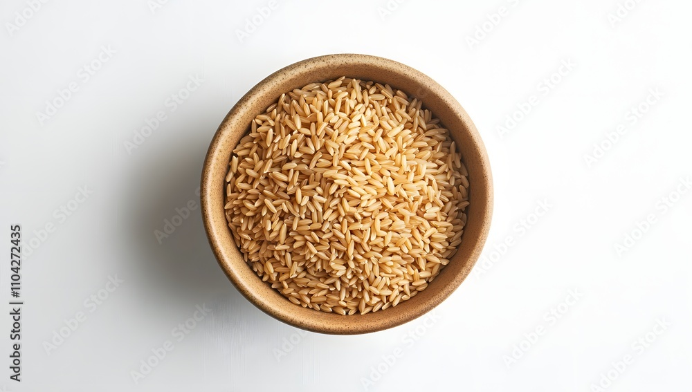 A small bowl of uncooked brown rice sits on a white background. The rice is light brown in color and is ready to be cooked. A small bowl of uncooked brown rice sits on a white background. The rice is light brown in color and is ready to be cooked.
