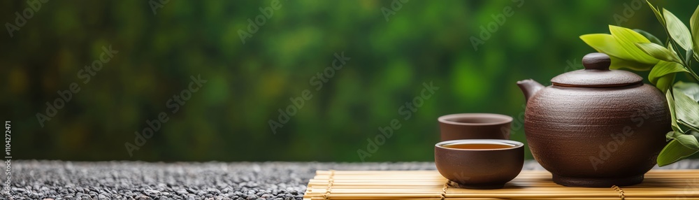 Zen tea ceremony setup with handcrafted pottery, a bamboo mat, and peaceful surroundings Zen tea ceremony setup with handcrafted pottery, a bamboo mat, and peaceful surroundings
