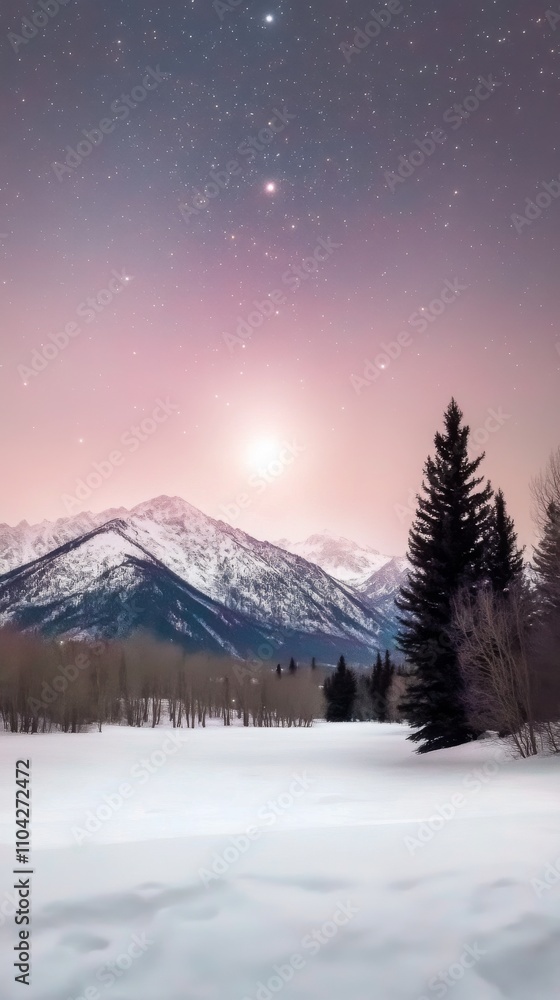 Scenic winter landscape with mountains and full moon under a starry night sky Scenic winter landscape with mountains and full moon under a starry night sky
