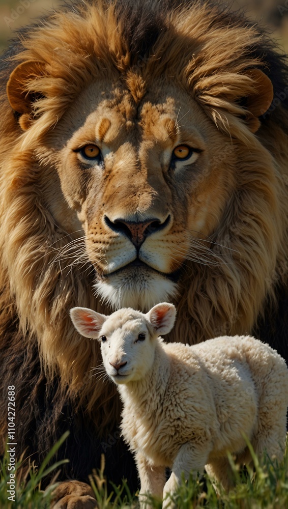 Naklejka premium Biblical lion and lamb illustration symbolizing peace.