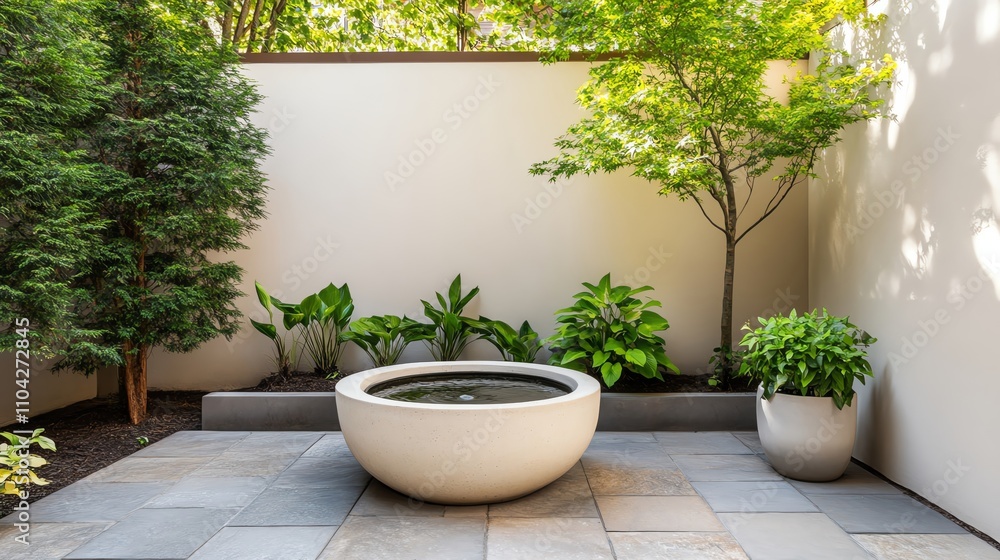 Zen-inspired courtyard with a stone fountain, simple plants, and shaded corners Zen-inspired courtyard with a stone fountain, simple plants, and shaded corners