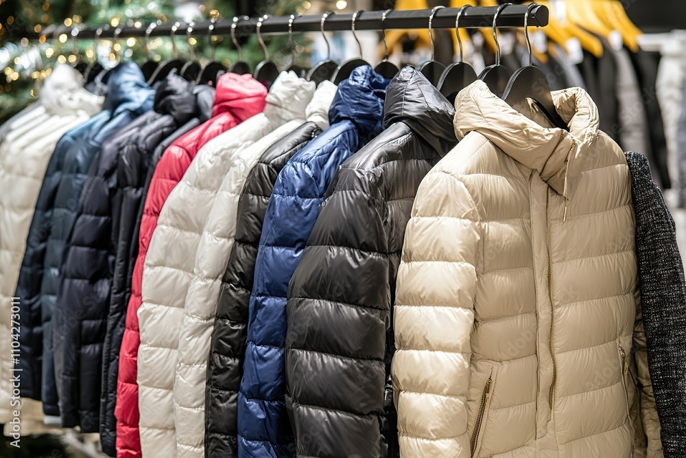 Different winter down coats on hangers in the store Different winter down coats on hangers in the store