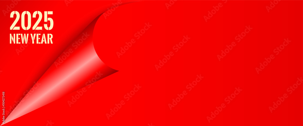 Happy New Year 2025 curled up page corner, Christmas web banner design
