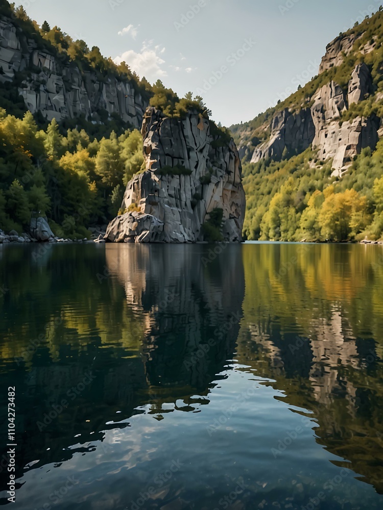 Fototapeta premium Big rock on a tranquil lake between high cliffs.