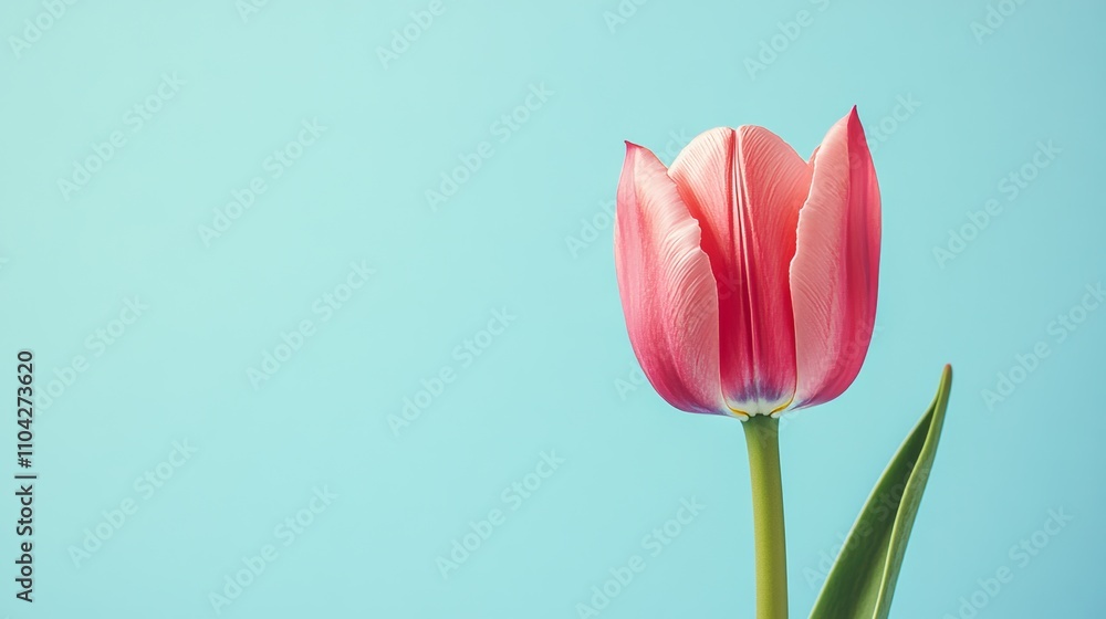 Fototapeta premium A vibrant pink tulip against a soft pastel blue backdrop, close-up shot, Minimalist style