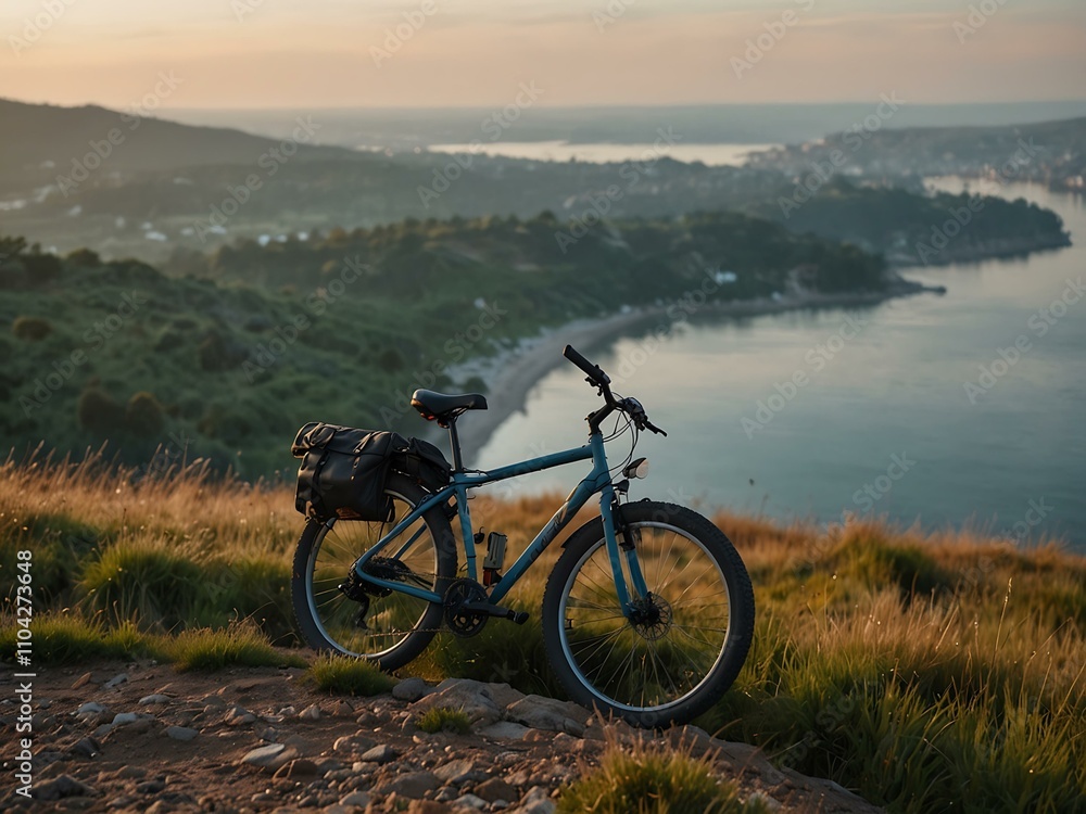 Bike perched on top of a hill with a view of the sea or lake. Bike perched on top of a hill with a view of the sea or lake.