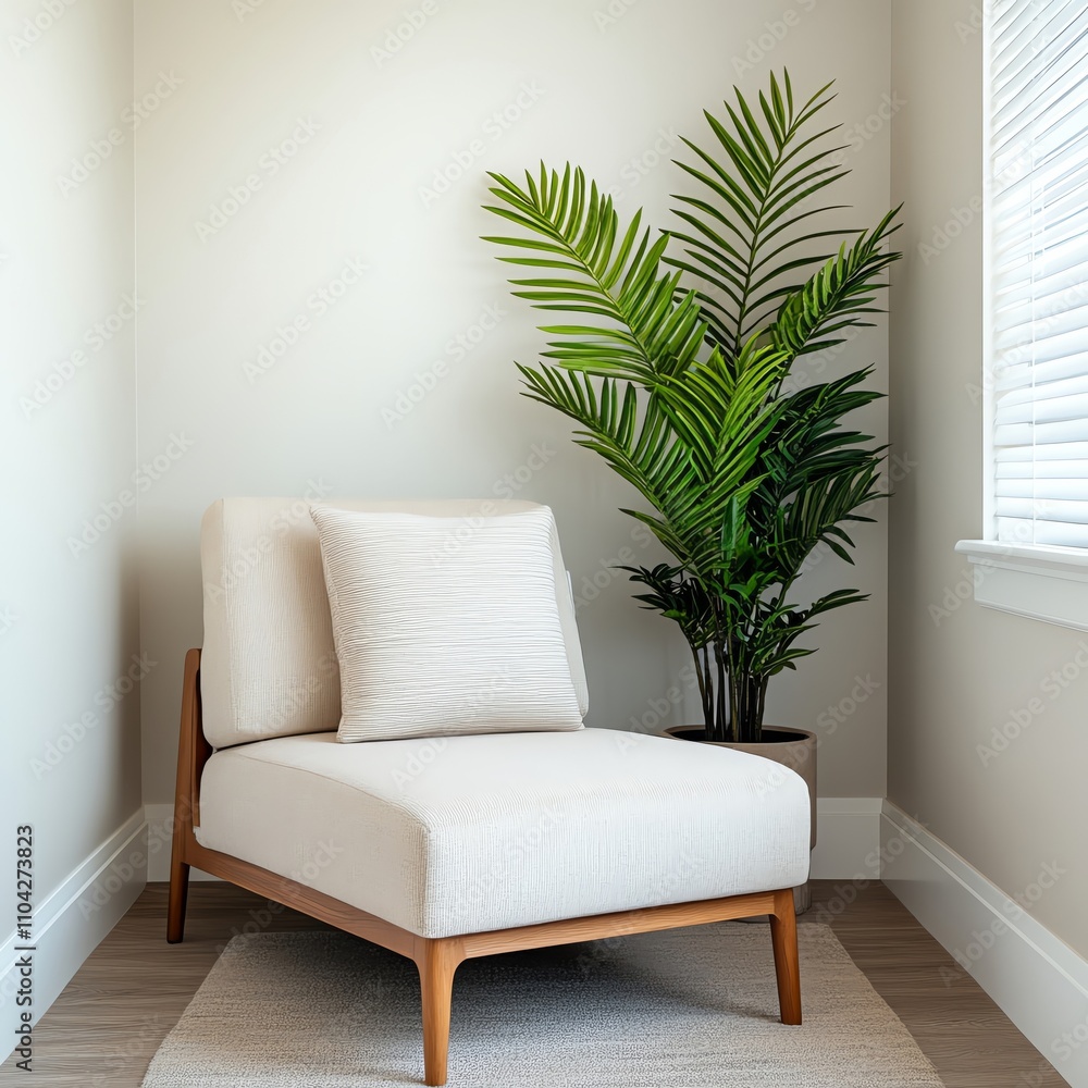 Zen-inspired reading nook with a low chair, neutral tones, and calming greenery Zen-inspired reading nook with a low chair, neutral tones, and calming greenery