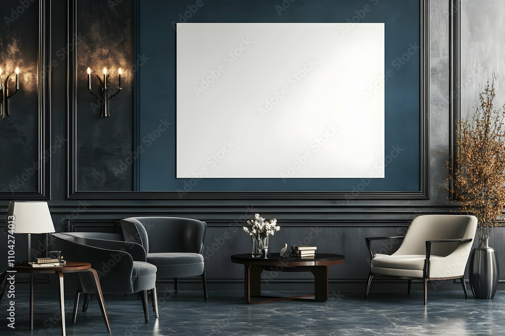 Office interior signage mockups - Modern living room with elegant furnishings and a blank wall for artwork display. Office interior signage mockups - Modern living room with elegant furnishings and a blank wall for artwork display.