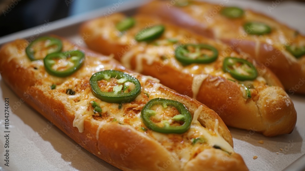 Freshly Baked Bread Rolls Topped with Cheese and Jalapeño Slices Freshly Baked Bread Rolls Topped with Cheese and Jalapeño Slices
