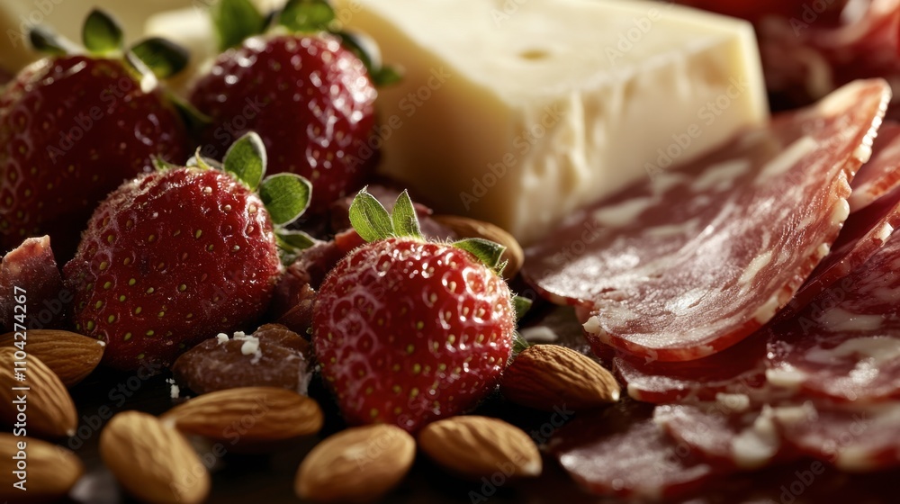 Fresh Strawberries, Cheese, Nuts, and Sliced Meat on Wooden Board Fresh Strawberries, Cheese, Nuts, and Sliced Meat on Wooden Board