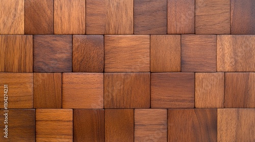 Wooden block texture in rich brown tones, geometric parquet pattern, handcrafted timber mosaic background, hardwood surface for design, close-up, seamless natural decor.

 photo