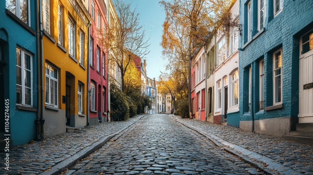 Charming European Street with Colorful Houses and Cobblestone Path Charming European Street with Colorful Houses and Cobblestone Path