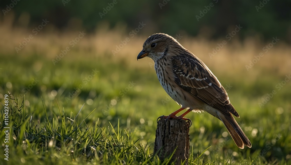 Fototapeta premium Bird perched in a grassy field.