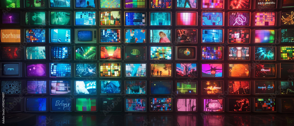 wall of televisions turned on different channels