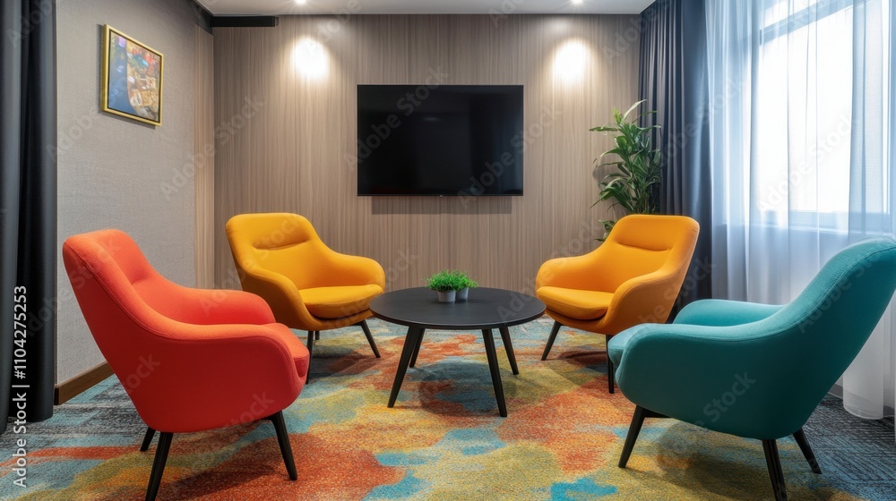 Fototapeta premium Modern Lounge Area with Colorful Chairs and Elegant Decor