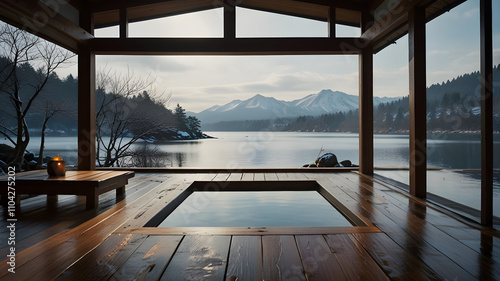 hot springs bath overlooking a winter natural landscape photo