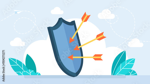 Three arrows stuck in shield. Shield protection from threats, security attack or business risk, insurance or  protect from threatening concept, shield to protect from bow arrows. Vector illustration