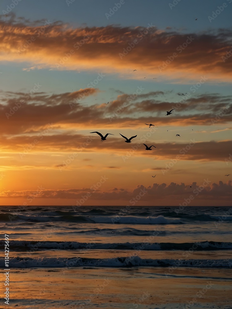 Naklejka premium Birds flying in formation at sunset over the ocean.
