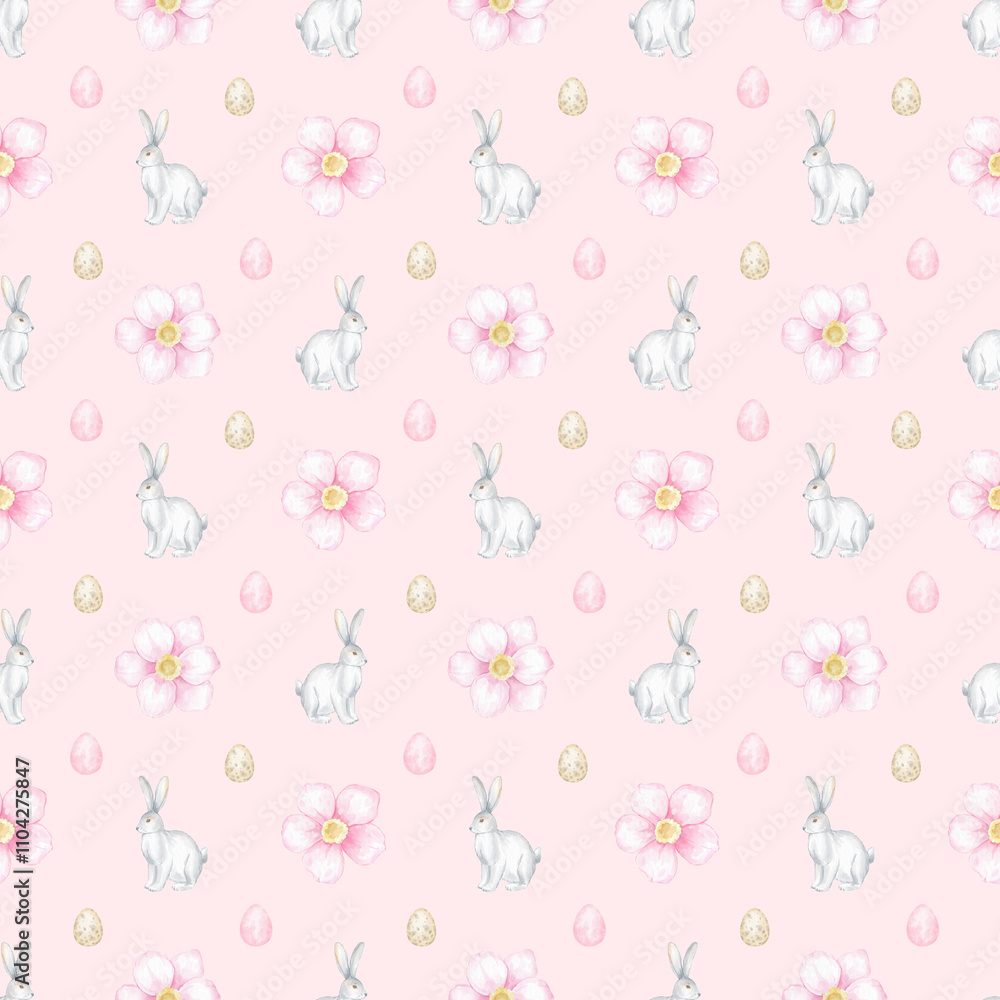 Easter egg, bunny, flowers. Watercolor seamless pattern on pink background in pastel colors. Cute Easter illustration for textiles and wrapping paper Easter egg, bunny, flowers. Watercolor seamless pattern on pink background in pastel colors. Cute Easter illustration for textiles and wrapping paper
