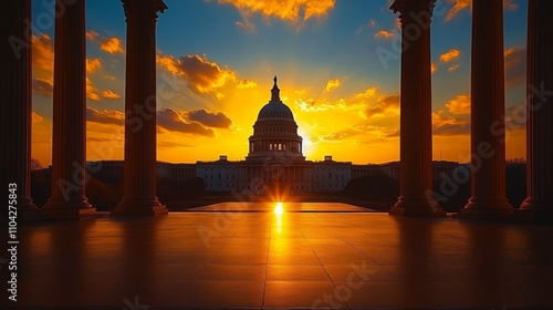 Majestic sunset behind capitol building with dramatic sky and columns