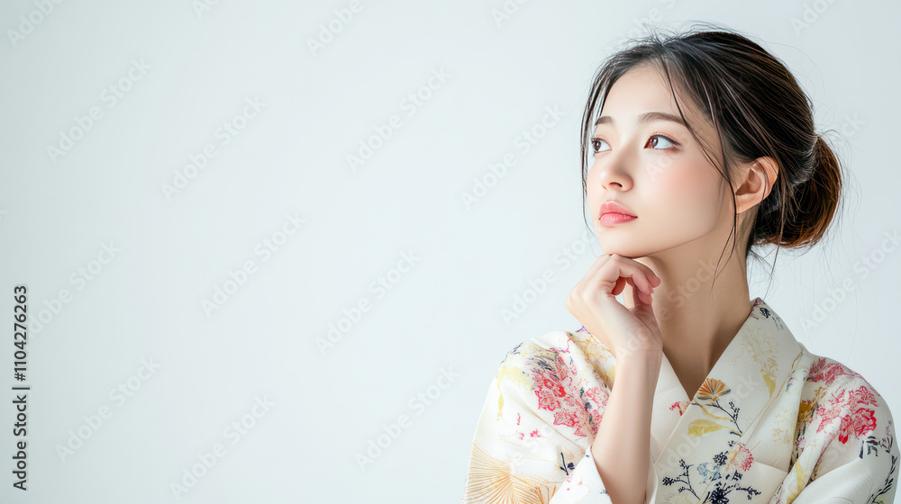 Young asian female in floral kimono looking thoughtful against a white background Young asian female in floral kimono looking thoughtful against a white background