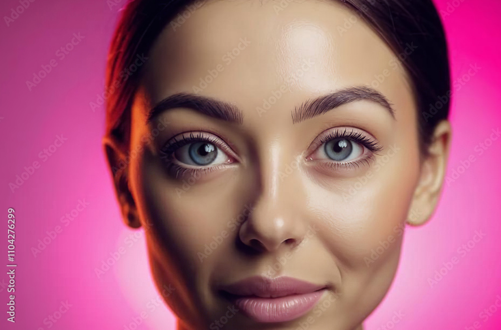 A close-up portrait of a woman softly lit by pink lighting, her skin glowing and eyes captivating, creating a dreamy, feminine beauty look. A close-up portrait of a woman softly lit by pink lighting, her skin glowing and eyes captivating, creating a dreamy, feminine beauty look.