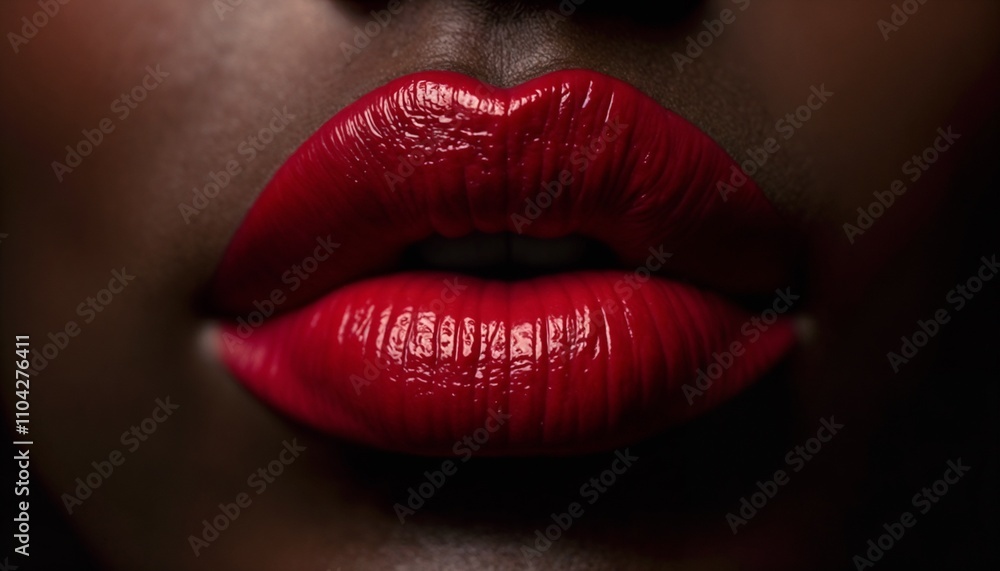 Close-up of bold red glossy lips on dark-skinned female for beauty concept Close-up of bold red glossy lips on dark-skinned female for beauty concept
