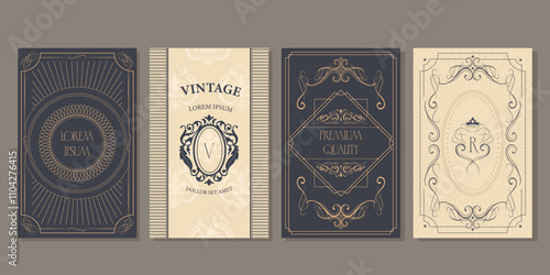 Vintage cards. Set of digital pictures, frames and labels, vintage style. Suitable for decoration of cosmetics, pharmacy products. Vector illustration. Aged paper effect. EPS 10	