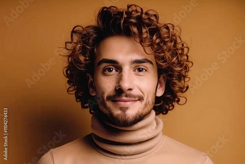 A man with curly hair smiles warmly, wearing a beige turtleneck, set against a golden background, his expression reflecting confidence and friendliness photo