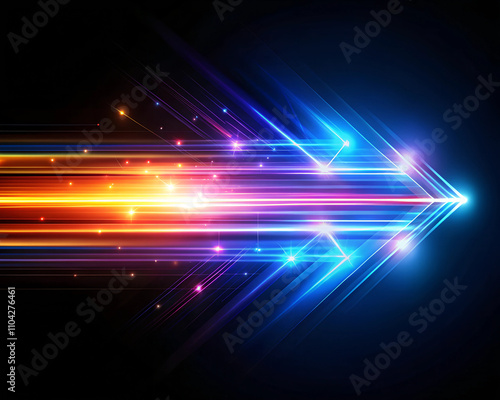 A vivid, glowing arrow in blue, purple, and orange tones streaks across a dark background, symbolizing motion, direction, and speed in a futuristic style.