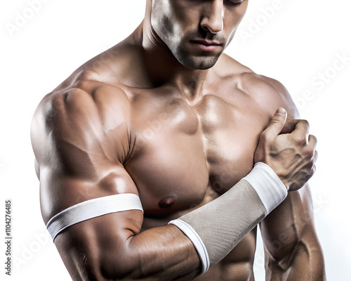 A muscular athlete stands confidently, displaying defined biceps and triceps. A white bandage wraps around one arm, symbolizing resilience and strength