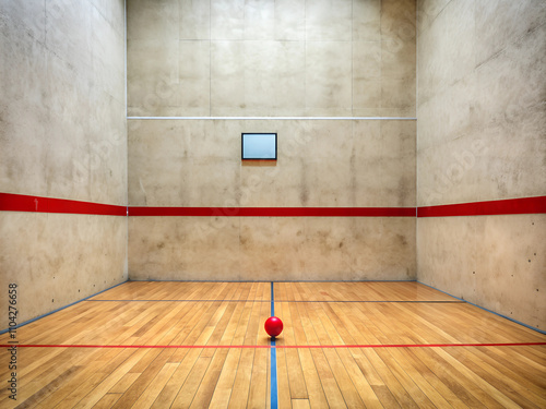 In a spacious racquetball court, a bright red ball sits at the center, inviting players for a match. The smooth wooden floor and concrete walls create a unique, energetic ambiance