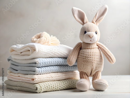 A quaint nursery corner features neatly stacked knitted blankets in soft colors next to an adorable stuffed bunny. This cozy arrangement evokes warmth and comfort, perfect for a child's room