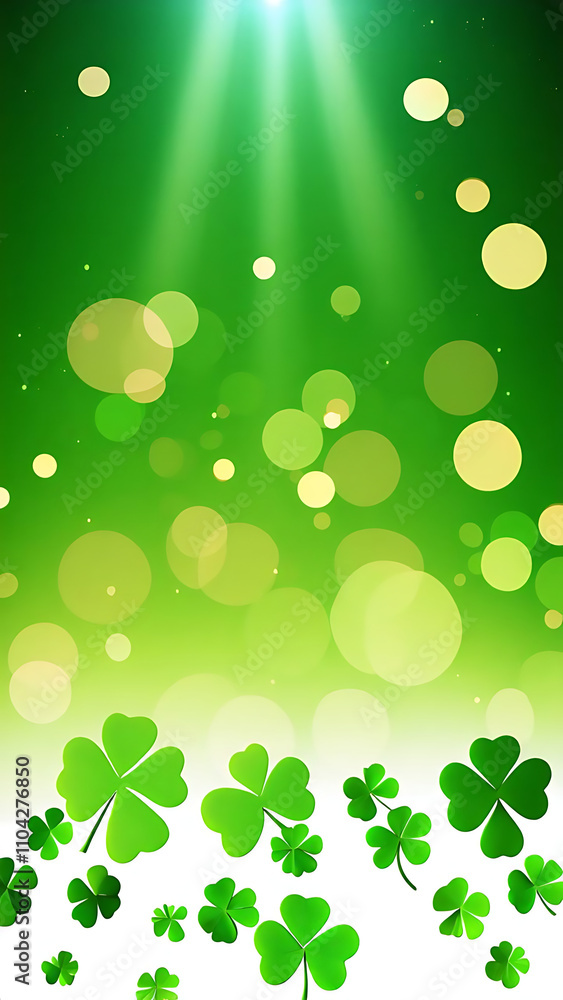 A vivid and abstract image of bright green shamrocks floating with soft glowing light effects and bokeh circles on a green gradient background A vivid and abstract image of bright green shamrocks floating with soft glowing light effects and bokeh circles on a green gradient background