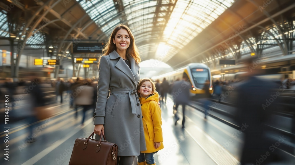 A mother in a stylish coat holding her child's hand at a bustling train station A mother in a stylish coat holding her child's hand at a bustling train station