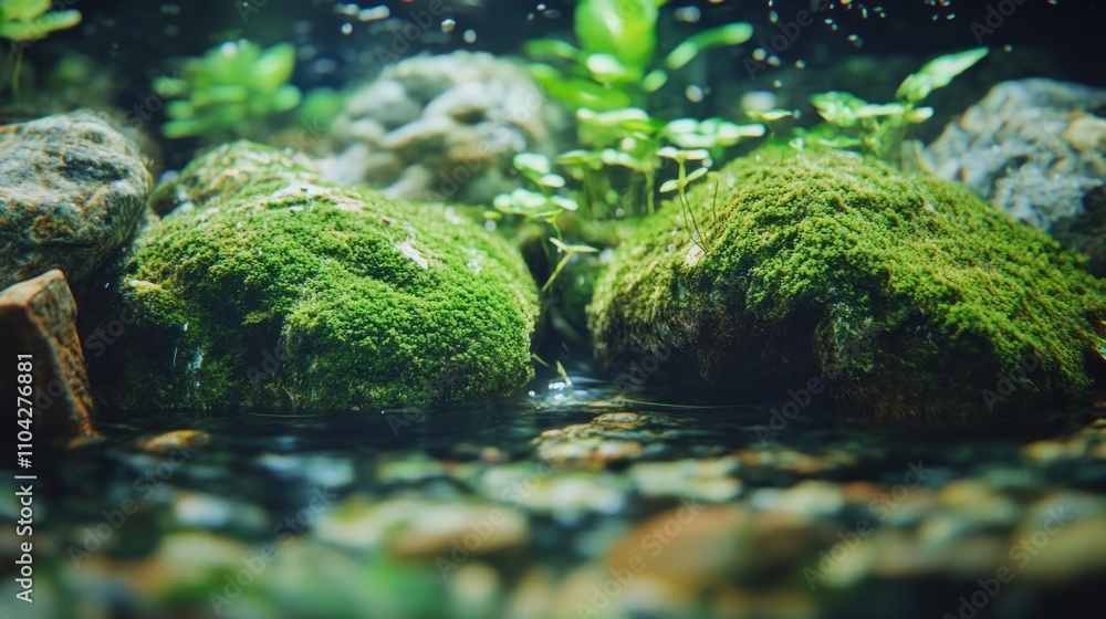 Serene Aquatic Ecosystem: Mossy Rocks and Underwater Plants