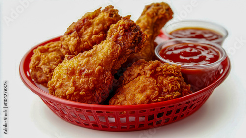 Crispy fried chicken drumsticks with dipping sauce in red basket photo