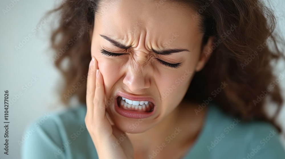 A girl gripping her face in distress, clearly suffering from a toothache. Ideal for healthcare topics, it highlights the need for dental care awareness. A girl gripping her face in distress, clearly suffering from a toothache. Ideal for healthcare topics, it highlights the need for dental care awareness.