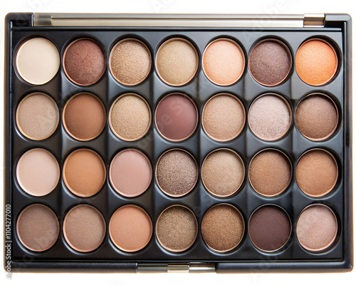 A palette filled with numerous shades of browns, taupes, and soft neutrals rests on a clean surface. The colors invite creativity, ideal for both subtle and bold makeup applications photo