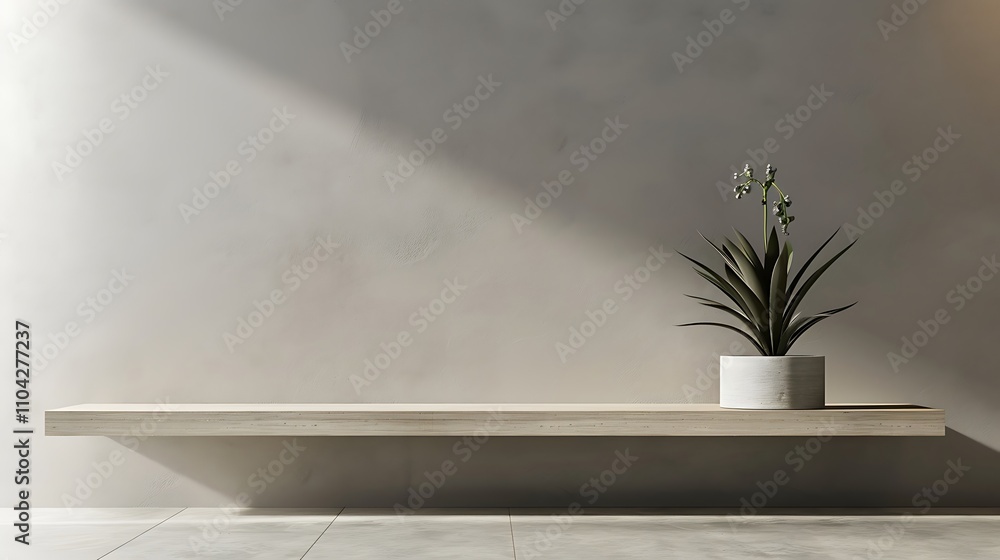 A sleek side table with a decorative plant against a solid light grey wall A sleek side table with a decorative plant against a solid light grey wall